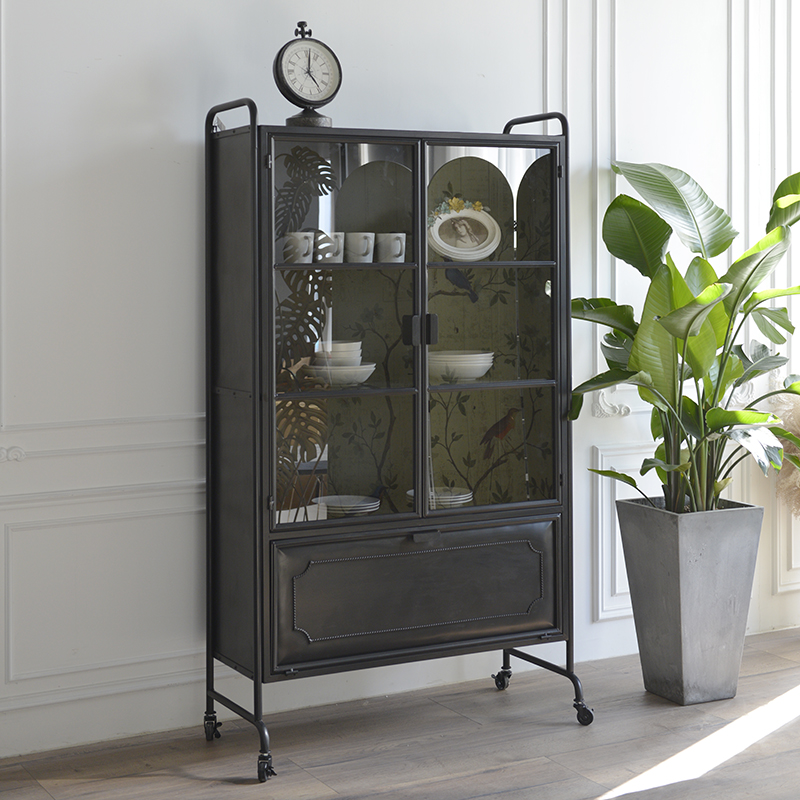 GZ018 American industrial retro style black iron tin living room bookcase porch cabinet model storage display cabinet