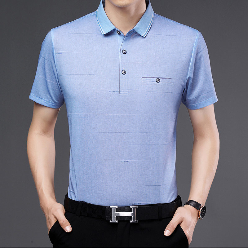 Summer Middle-Aged Men's Short-Sleeved T-Shirt Ice Silk Glossy Cotton Collar with Flap Pocket Pantss Middle-Aged and Elderly Tops Daddy Clothes
