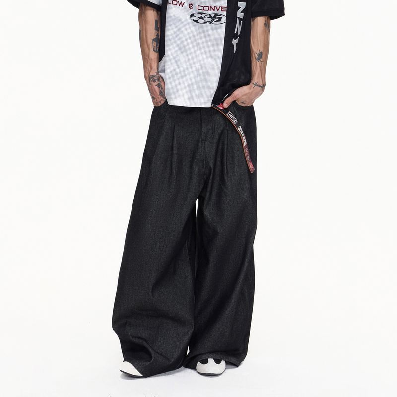 Peoplesense Kanglong Original Cowhide Vintage Black Pleated Jeans Baggy Casual Scimitar Silhouette Pants