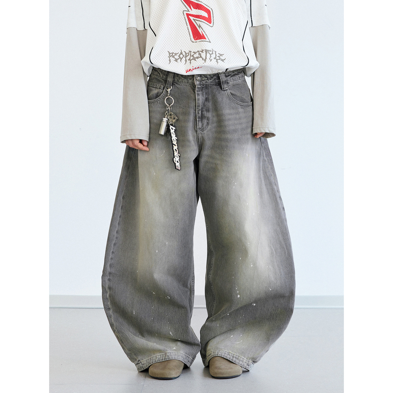 Peoplestyle Retro Splatter Wash Gray Wide-Leg Jeans Unisex Distressed Loose Scimitar Pants Peoplestyle Retro Splatter Wash Gray Wide-Leg Jeans Unisex Distressed Loose Scimitar Pants