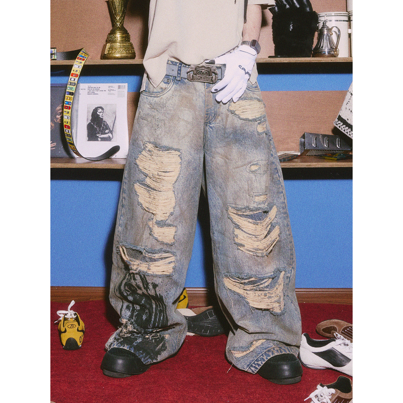 Peoplesense Wild and Rugged Style Denim Scissor-Cut Pants with Vintage Racing Print and Ripped Wide-Leg Jeans Peoplesense Wild and Rugged Style Denim Scissor-Cut Pants with Vintage Racing Print and Ripped Wide-Leg Jeans