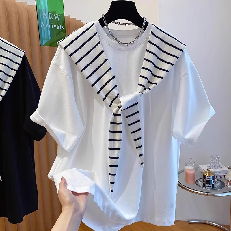 Plus Size 150kg Stylish Striped Shawl Short-Sleeve T-Shirt Two-Piece Set for Women, Summer Hooded Slimming Top Plus Size 150kg Stylish Striped Shawl Short-Sleeve T-Shirt Two-Piece Set for Women, Summer Hooded Slimming Top
