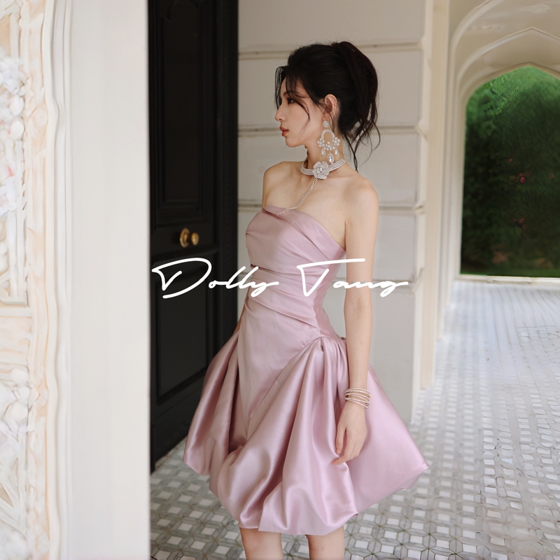 Dollytang Duojia Three-Dimensional Cut Waist-Cinching Floral Bud Dress, Flattering Pink Party Dress for Petite Figures