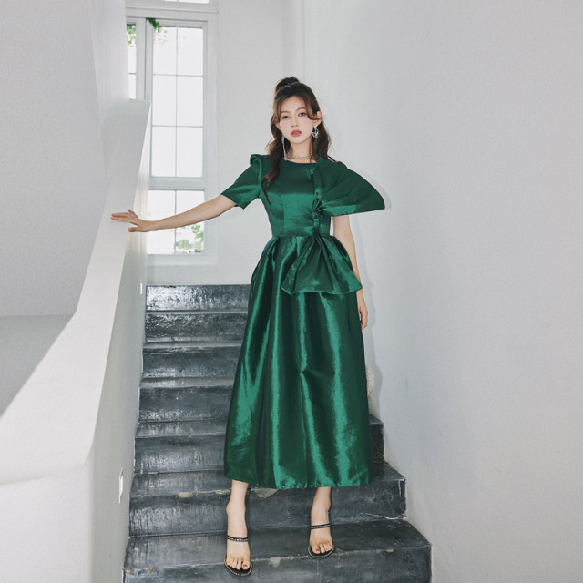 Design sense super large bow A-line dress dollytang white dark green high waist big swing small dress