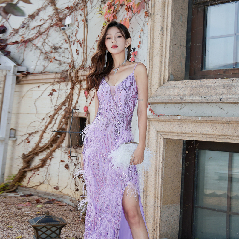 Dollytang Luxury Purple Feather Sequin Dress High-End Fine Glitter Sequin Fishtail Dress Mini Dress