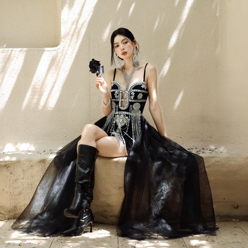 Dollytang Midnight Phantom Heavy Beaded Sequin Rhinestone Pearl Dress Extravagant Concert Mini Dress