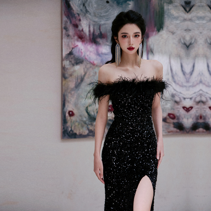 Dollytang Duojia Dazzling Sequin Feather Tube Top Dress Annual Meeting Birthday Party Mini Dress