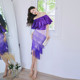 dollytang texture satin three-dimensional ruffled tube top + gradient tassel skirt suit female