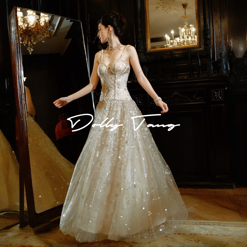 Dollytang [Starry Sky] Sparkling Sequin Rhinestone Strap Dress with Fishbone Shaping Morning Gown Dress