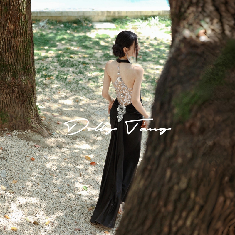 Dollytang Duojia Large Backless Sexy Rhinestone Fishtail Dress with Heavy Pleats Vintage Light Evening Dress Dollytang Duojia Large Backless Sexy Rhinestone Fishtail Dress with Heavy Pleats Vintage Light Evening Dress