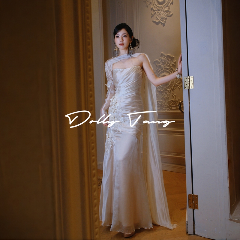 Dollytang Duojia Heavy-Duty Pleated Fishbone Dress, Elegant Strapless Robe, Greek-Style Ribbon Light Dress