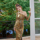 Design sense oblique shoulder golden dress dollytang niche toast clothing show figure one-shoulder long-sleeved dress