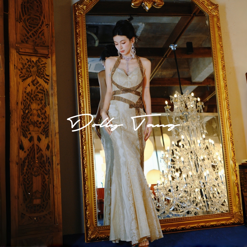 Dollytang Duojia Design-Inspired Shiny Gold Strap Halter Dress Greek-Style Dressing Gown Lace Dress
