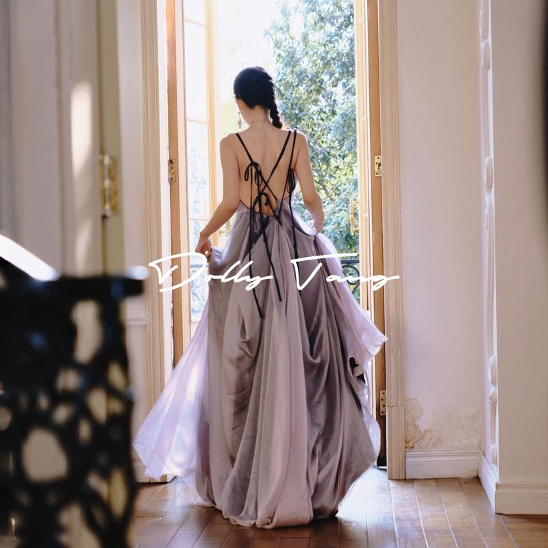 Dollytang Duojia [Kite] Fairy-Like Backless Design Spaghetti Strap Dress with Draped Purple Morning Gown