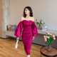 dollytang glossy one-shoulder puff sleeve dress celebrity temperament off-shoulder waist dress