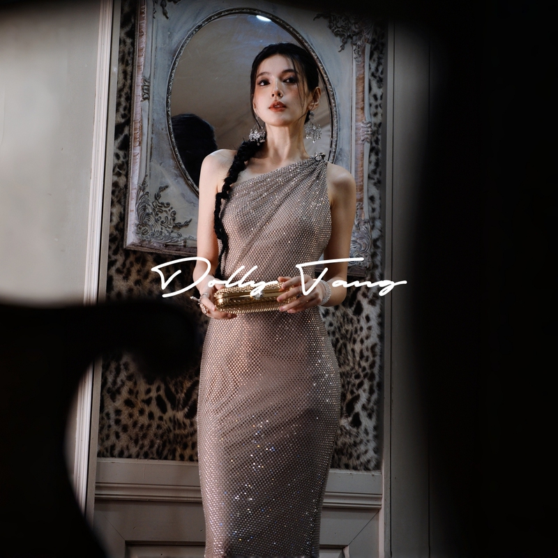 Dollytang [Talent] Luxurious Sparkling Sequin Backless Ruched One-Shoulder Dress Party Mini Dress