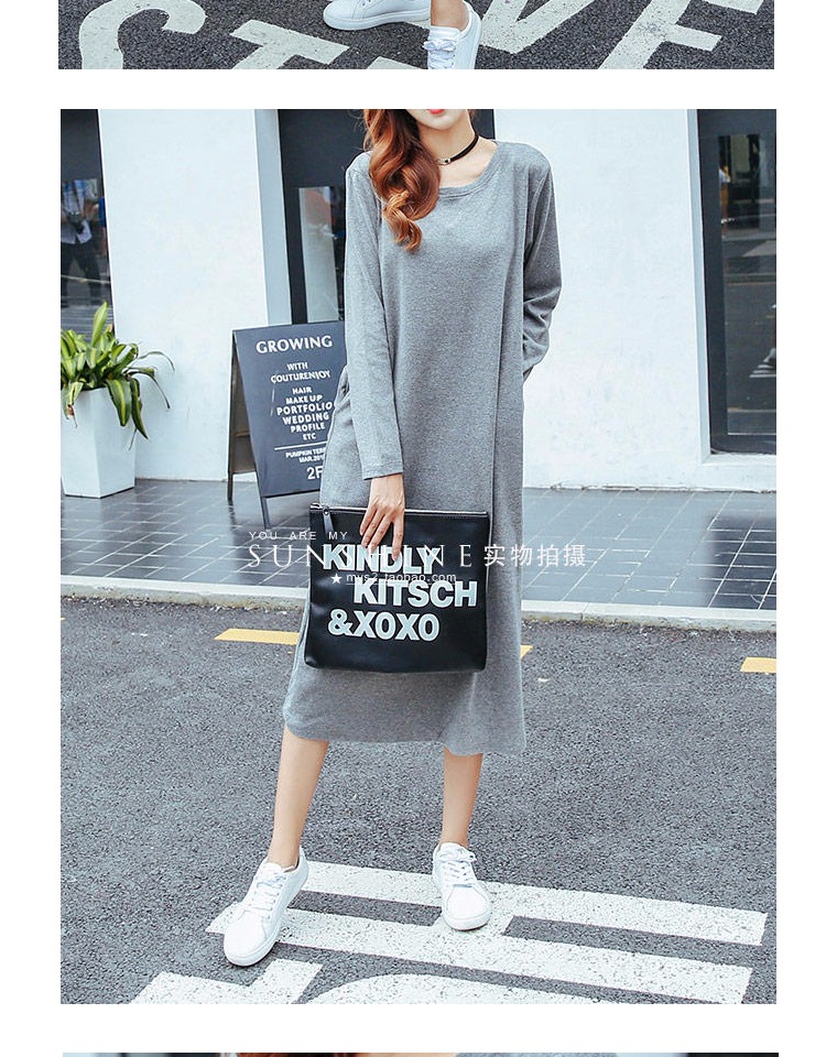 Hàn Quốc Dongdaemun đơn giản Han Fan lỏng cổ tròn tay dài chà nhám mùa xuân và mùa thu đầm màu rắn đầm dạ hội dài