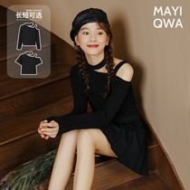 Undershirt Woman Black 2021 Spring Autumn New Long Sleeve T-Shirt Beware Design Sensation Dew Shoulder Short blouses