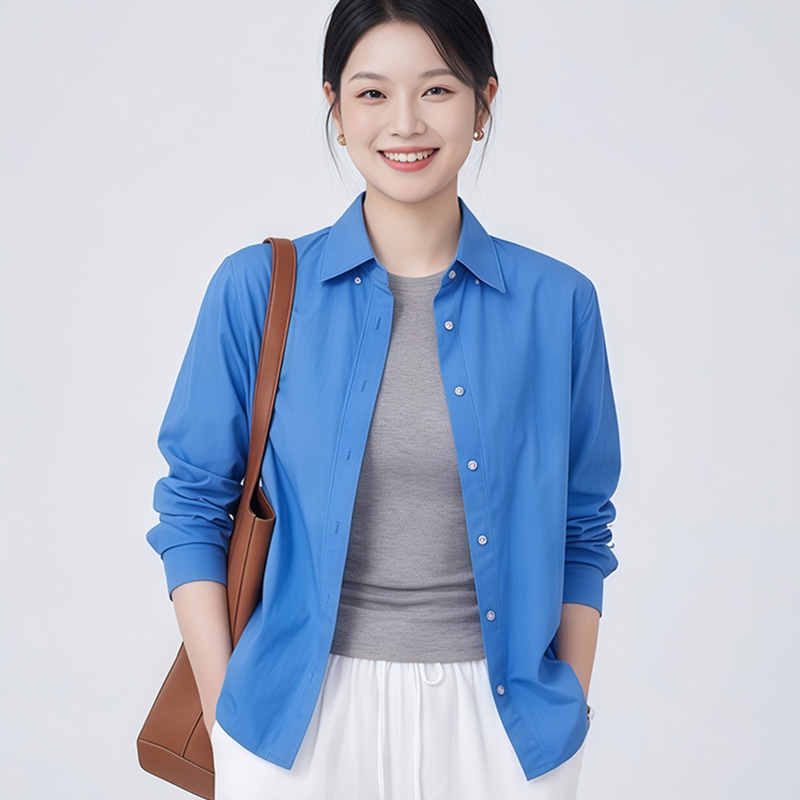 French-Style Short Shirt for Women, Spring and Summer, Petite Size, Klein Blue Long-Sleeve Shirt, Cardigan Jacket, Thin Sun-Protective Top
