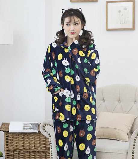 Custom autumn and winter thickened warm flannel pajamas suit men's home clothes female coral couple long sleeves