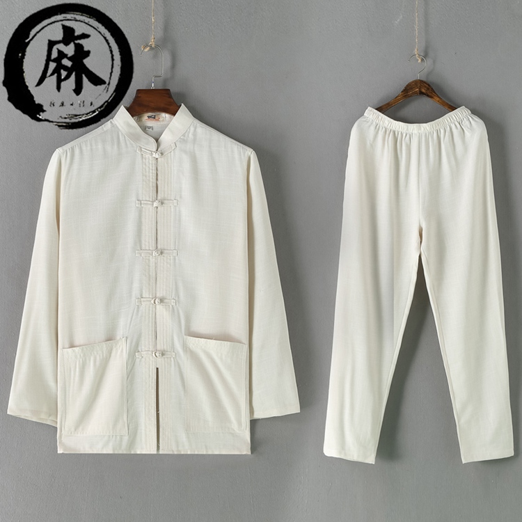 Bộ đồ cotton và vải lanh Tang hai mảnh trung niên nam dài tay màu rắn quốc phục sườn xám đẹp