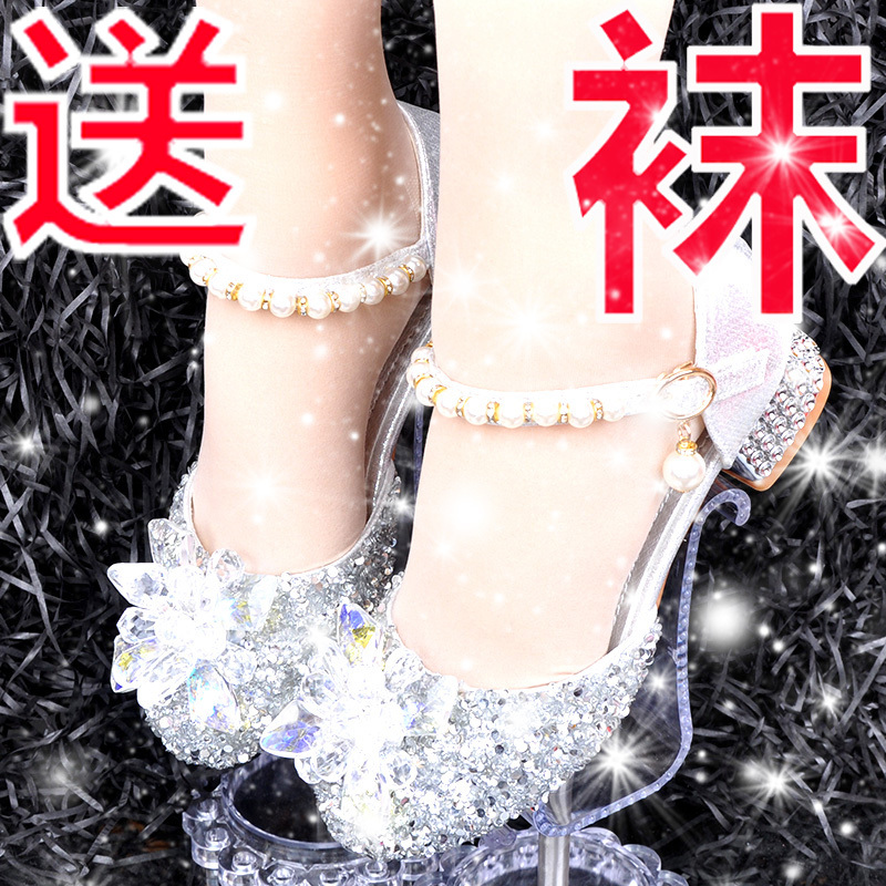 Children's Silver High-Heeled Shoes, Little Girl's Princess Shoes, Stylish Model Competition Shoes, Big Kids' Shiny Shoes to Match Dresses