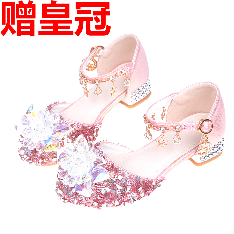Ye Luoli 3-4-5-6-7-8-9 Year Old Children's Princess Crystal Shoes Elsa High Heels Girls' Leather Shoes Runway Show