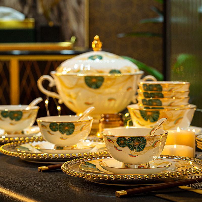 Jinghong Light Luxury National Trend Bone China Tableware Set Jingdezhen High-End Chinese Style Bowls and Plates for Housewarming Gifts and Home Use