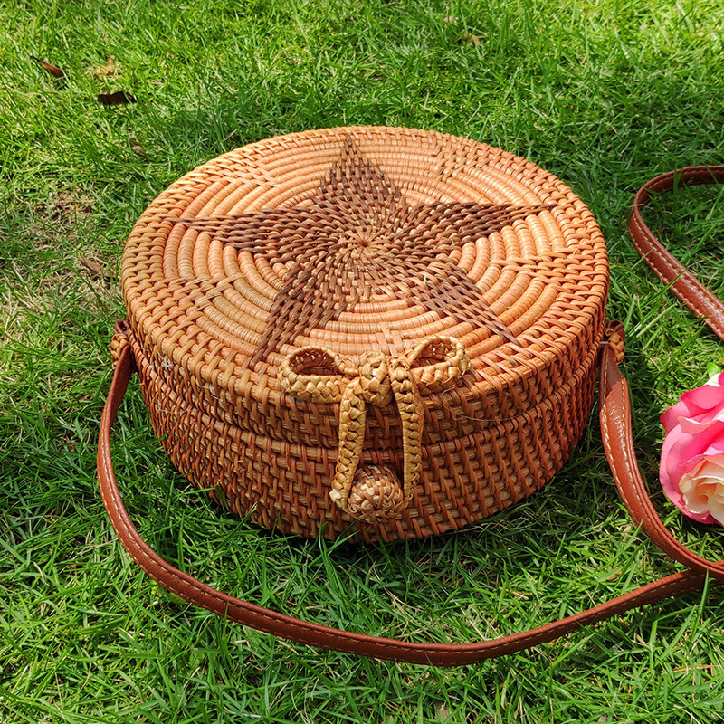 Vietnam ins Handmade Rattan Woven Bag Round Single Shoulder Vintage Handbag Beach Bag Large Square Tote Bag for Women