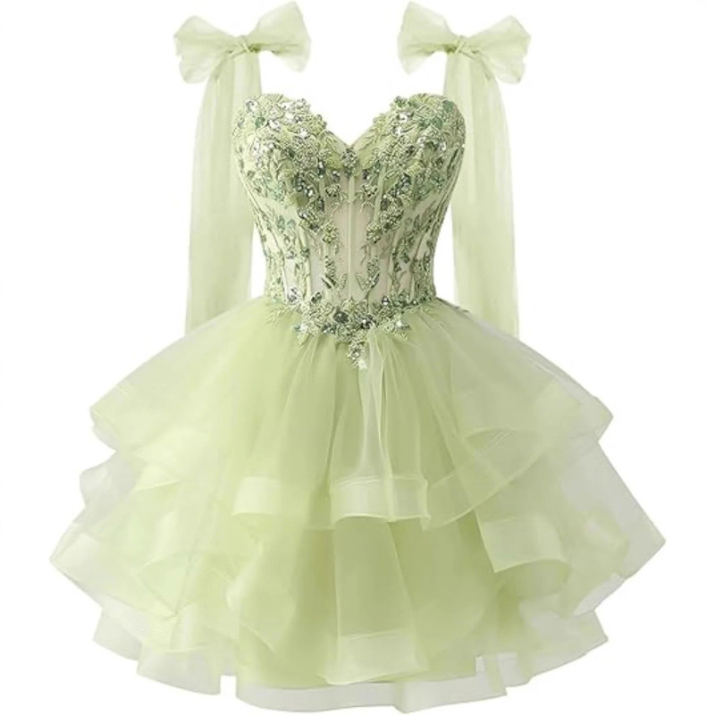9A Layered Tulle Homecoming Dress with Sparkling Lace Appliques and Bow Straps for Teenagers Short Prom Dress