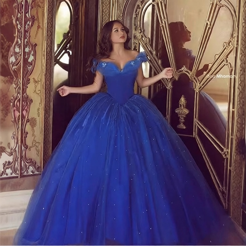 9A Cinderella Evening Dress New Blue Gown Ball Gown Off-Shoulder Fluffy Tulle Party Dress