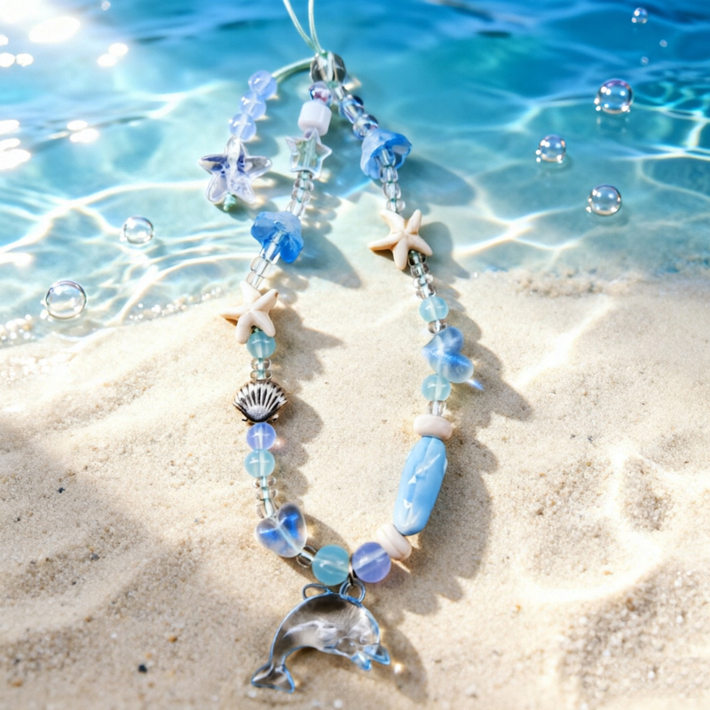 Blue Ocean Style Beaded Phone Chain with Starfish, Shells, and Small Fish Pendants for Women, Bead Decoration, Ccd Camera Phone Lanyard