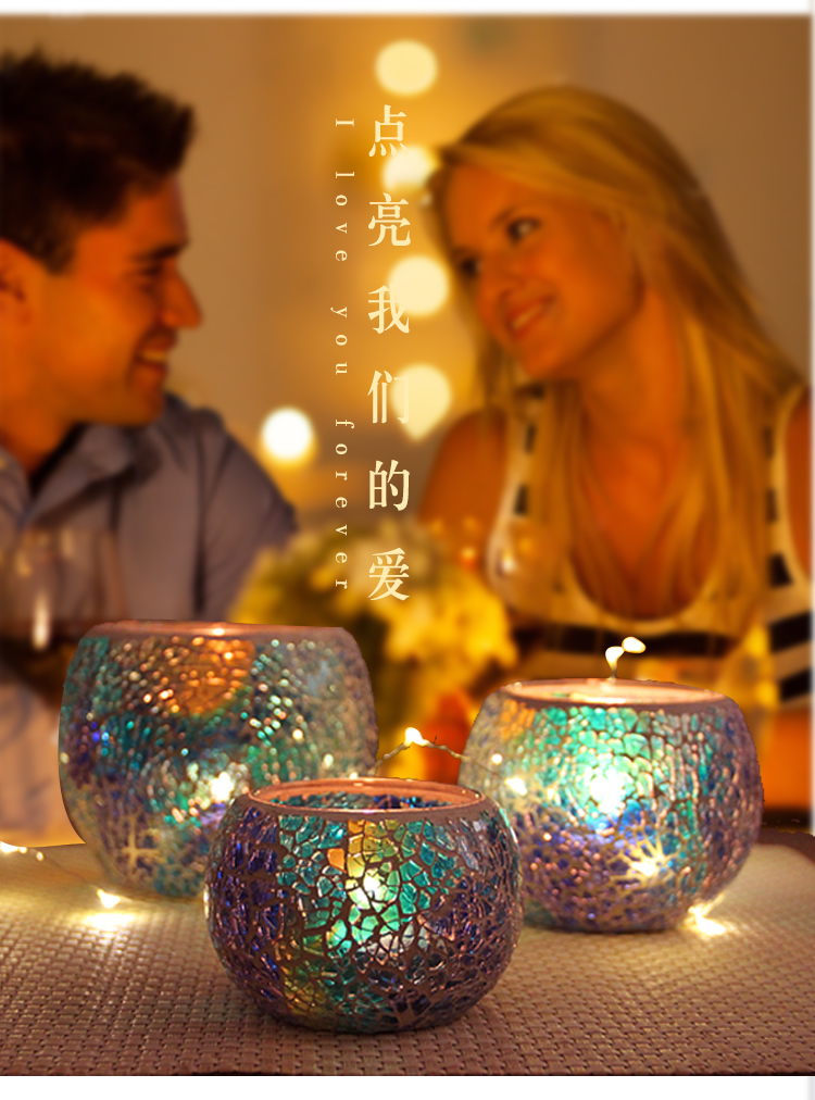 熱銷#地中海藍色套三圓球馬賽克玻璃燭臺浪漫燭光晚餐家居裝飾擺設#燭臺#裝飾