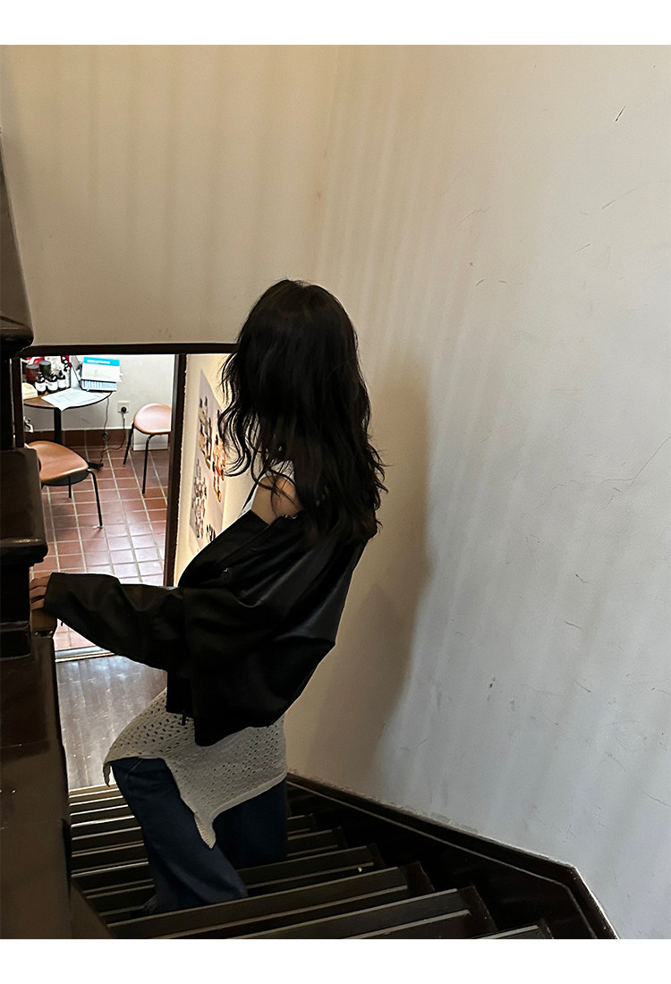 Кожаная куртка 左边女装立领机车皮衣外套2024春装新款复古做旧皮夹克 男女同款 ILEFT