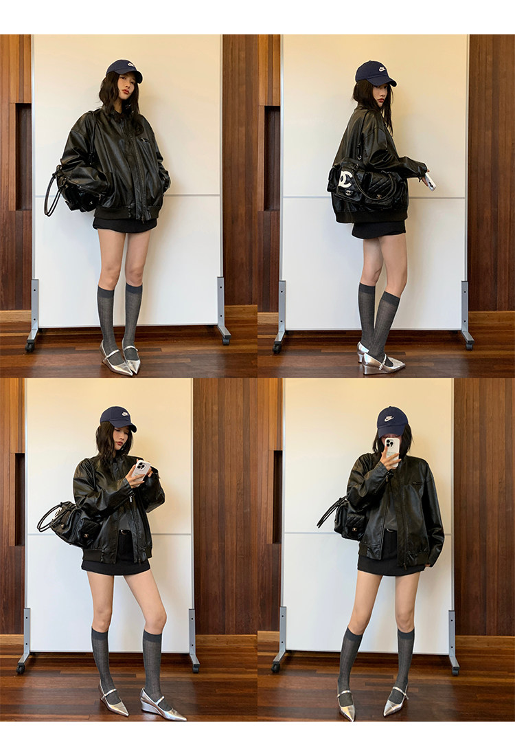 Кожаная куртка 左边女装立领机车皮衣外套2024春装新款复古做旧皮夹克 男女同款 ILEFT