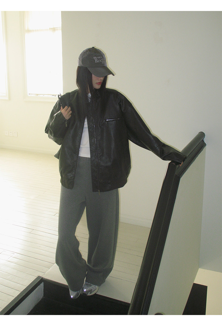 Кожаная куртка 左边女装立领机车皮衣外套2024春装新款复古做旧皮夹克 男女同款 ILEFT