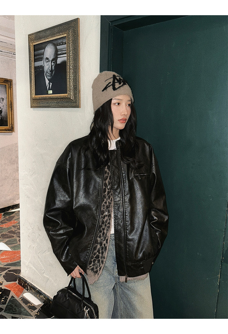 Кожаная куртка 左边女装立领机车皮衣外套2024春装新款复古做旧皮夹克 男女同款 ILEFT