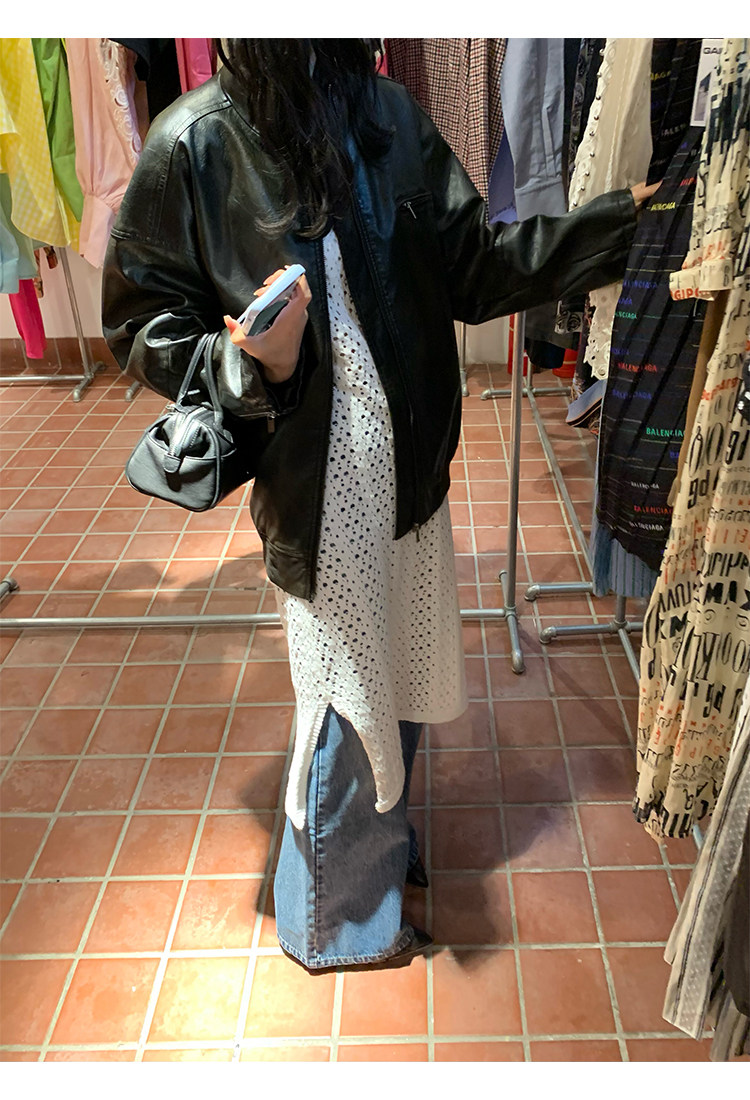 Кожаная куртка 左边女装立领机车皮衣外套2024春装新款复古做旧皮夹克 男女同款 ILEFT