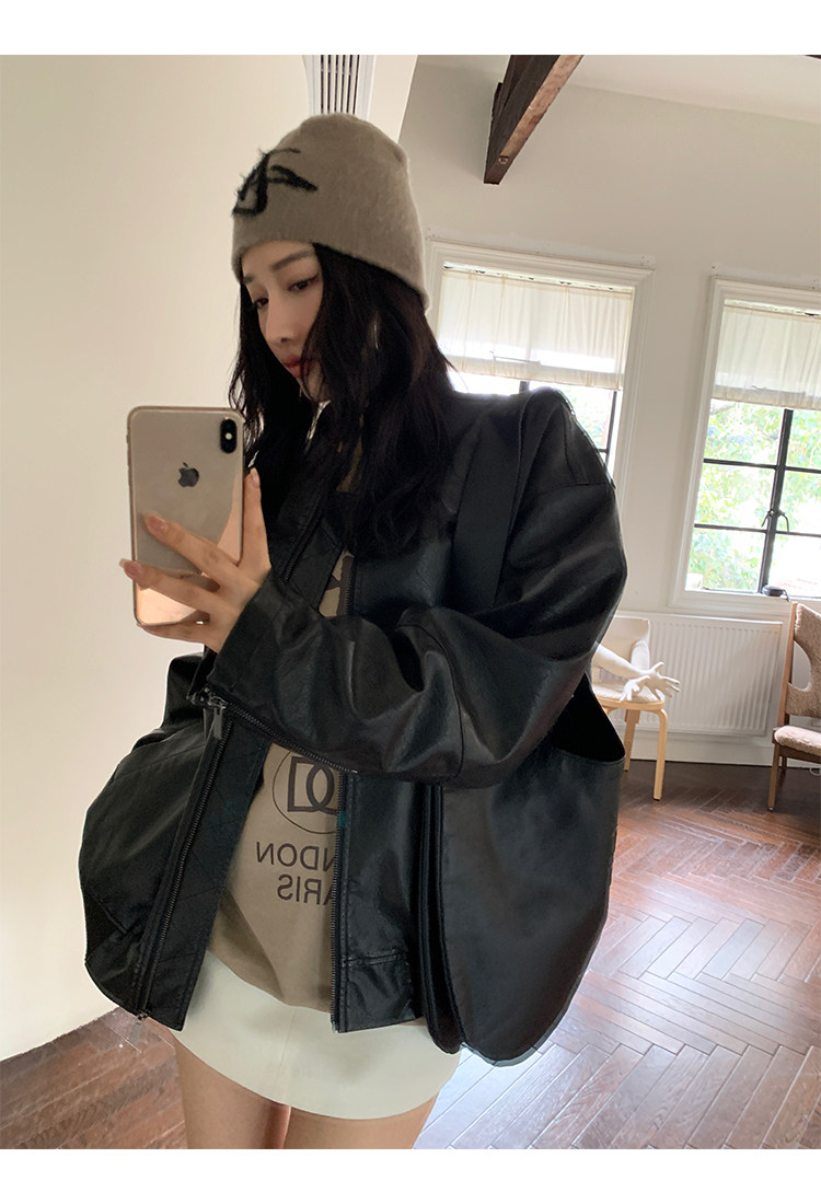 Кожаная куртка 左边女装立领机车皮衣外套2024春装新款复古做旧皮夹克 男女同款 ILEFT