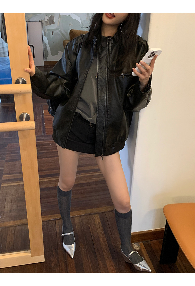 Кожаная куртка 左边女装立领机车皮衣外套2024春装新款复古做旧皮夹克 男女同款 ILEFT