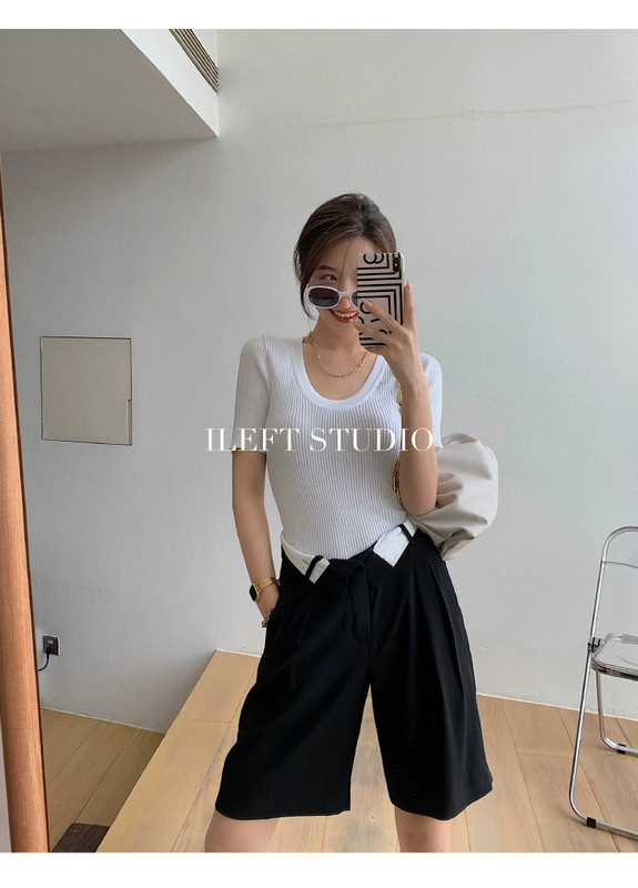 Phụ nữ mùa hè 2020 phong cách mới, áo crop top màu bên trái, đồng phục ngắn tay giản dị cổ tròn, áo thun nữ cổ rộng - Cộng với kích thước quần áo