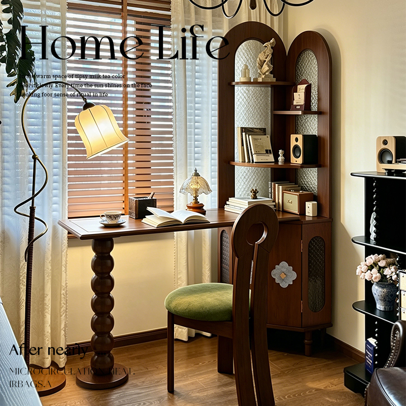 Medieval-Style Solid Wood Corner Desk with Integrated Bookshelf for Home Use in Small Apartments, French-Style Computer Desk, L-Shaped Dressing Table Medieval-Style Solid Wood Corner Desk with Integrated Bookshelf for Home Use in Small Apartments, French-Style Computer Desk, L-Shaped Dressing Table