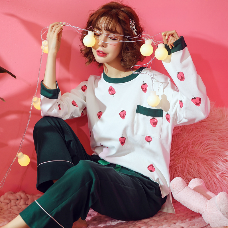 Bộ đồ ngủ dài tay cotton nữ mùa thu mùa thu mỏng phiên bản Hàn Quốc của dâu tây ngọt ngào lỏng lẻo phù hợp với nhà đồ ngủ đẹp