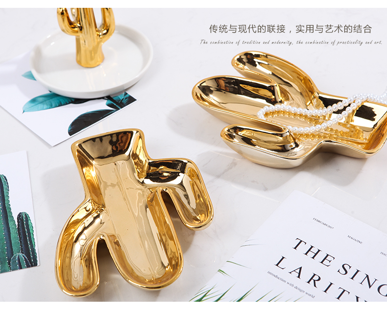 Nordic light receive dish bedroom bath key-2 luxury gold cactus decorative furnishing articles creative ceramic necklace jewelry ring