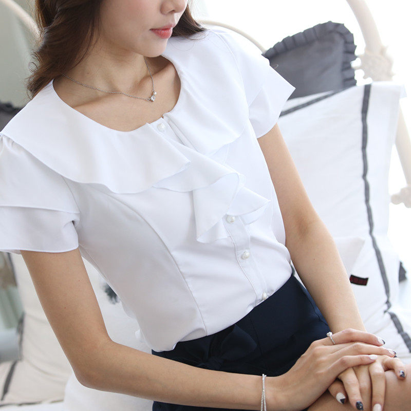 Lotus Leaf Sleeve White Shirt Woman Short Sleeve Work Clothes 100 Hitch Slim Korean Version Sweet Blouse Women's Summer Women's Dress Work Clothes