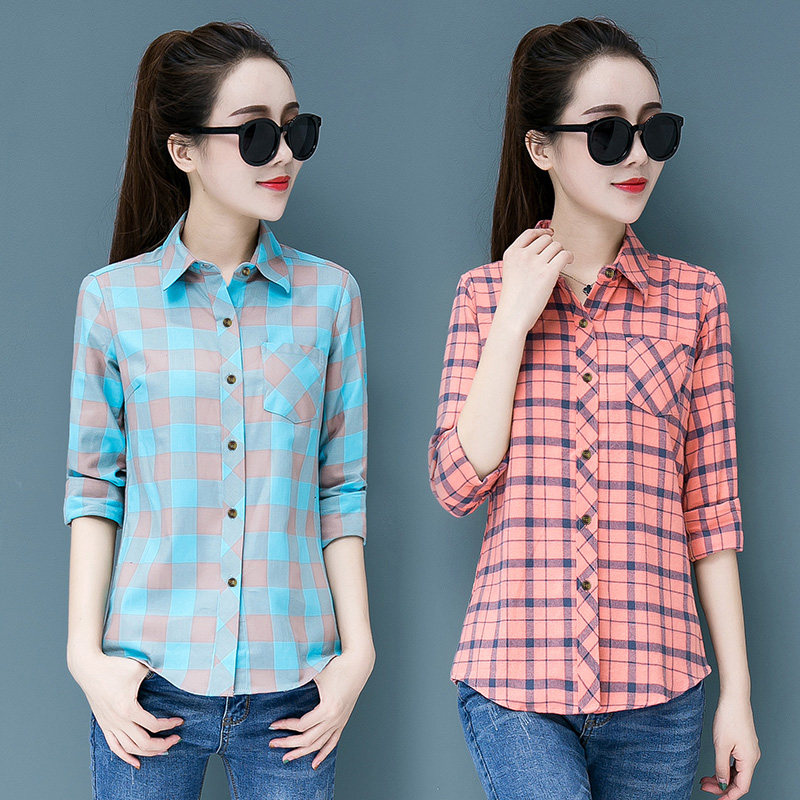 Work clothes for summer clothes women's shirts new large size blouses for the Han version to work and work clothes with plaid lining woman long sleeves