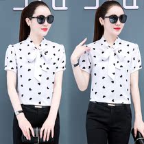 White Printed Shirt Woman Short Sleeve New Summer Dress Butterfly Knot Blouse Women 2022 Korean version Fashion career Work clothes