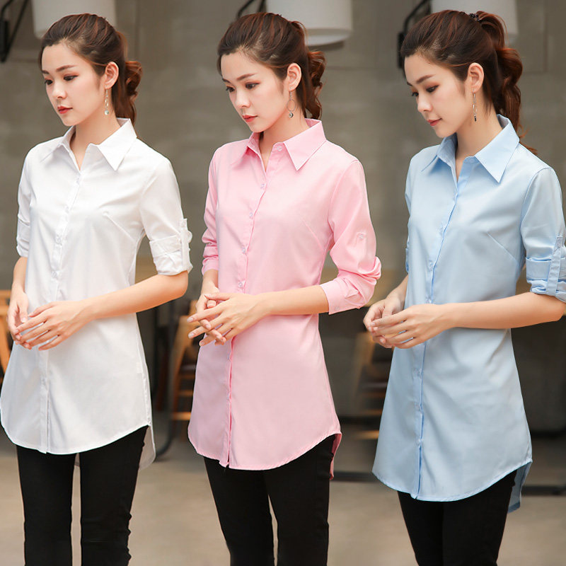 Medium long version large size white shirt female spring dress Long sleeves loose Han version Conspiculean Shirt Spring Clothes New Blouses