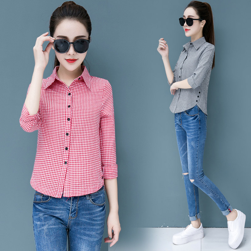 Spring Clothing Fashion Plaid Shirts Women Career Blouses Long Sleeves Casual 100 hitch for Korean version Lining Women's Bottom Spring Clothes