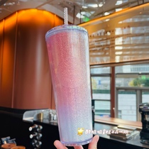 Starbucks 2022 Valentines Day Gift Blazing Gradient Pink Gold Fine Gems Facet Bilayer Plastic Straw Mug